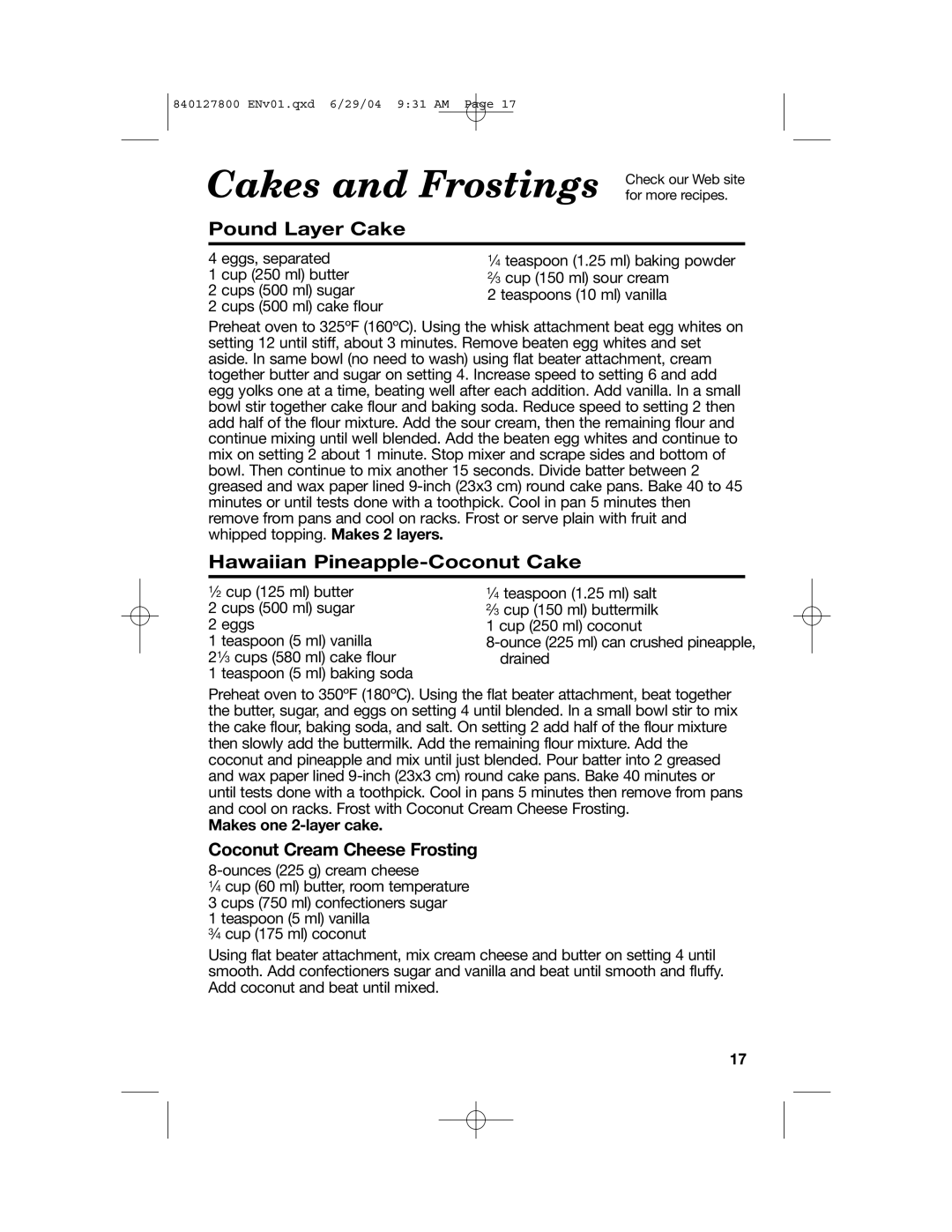 Hamilton Beach 63225 manual Cakes and Frostings for more recipes, Pound Layer Cake, Hawaiian Pineapple-Coconut Cake 