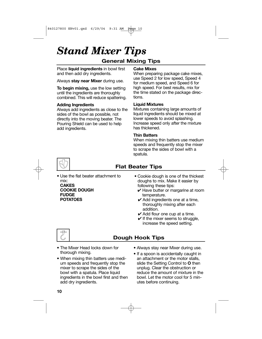 Hamilton Beach 63225 manual Stand Mixer Tips, General Mixing Tips, Flat Beater Tips, Dough Hook Tips, Adding Ingredients 