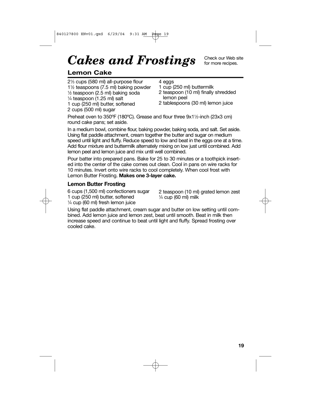 Hamilton Beach 63225 manual Lemon Cake, Lemon Butter Frosting, Cakes and Frostings 