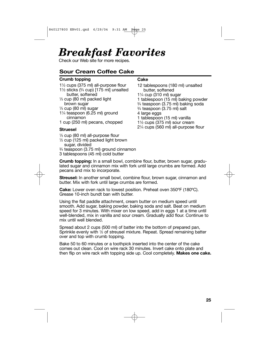Hamilton Beach 63225 manual Breakfast Favorites, Sour Cream Coffee Cake, Crumb topping, Struesel 