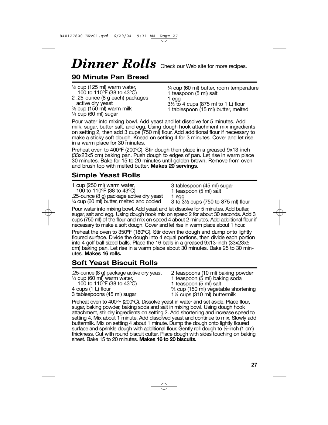 Hamilton Beach 63225 manual Minute Pan Bread, Simple Yeast Rolls, Soft Yeast Biscuit Rolls 