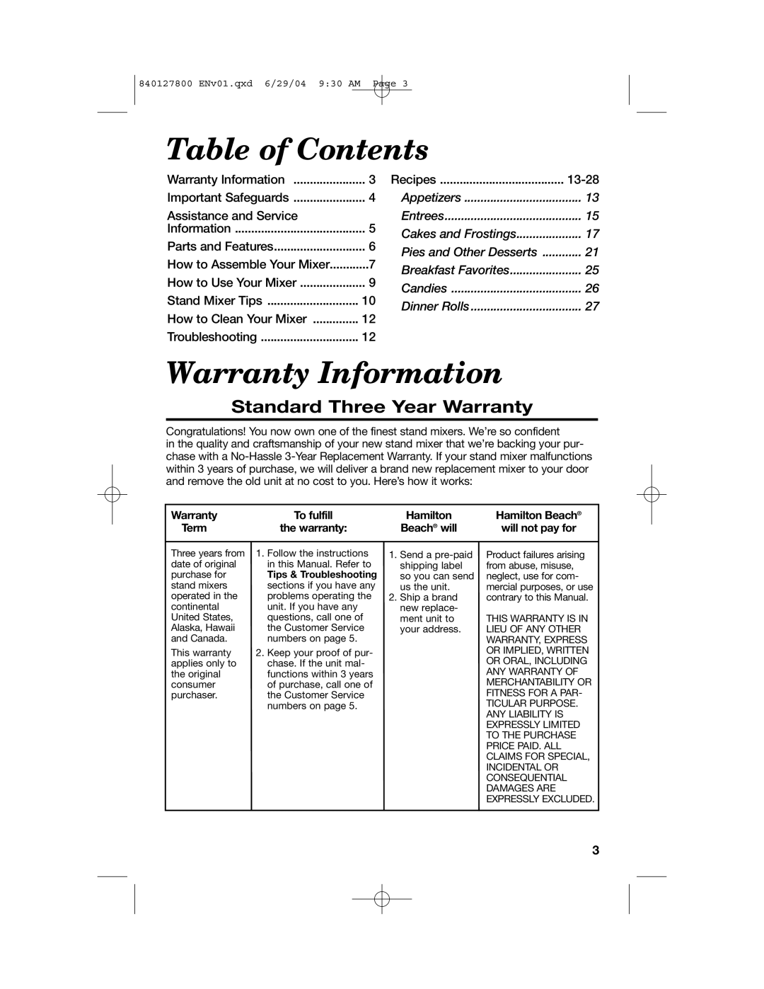 Hamilton Beach 63225 manual Table of Contents, Warranty Information, Standard Three Year Warranty 