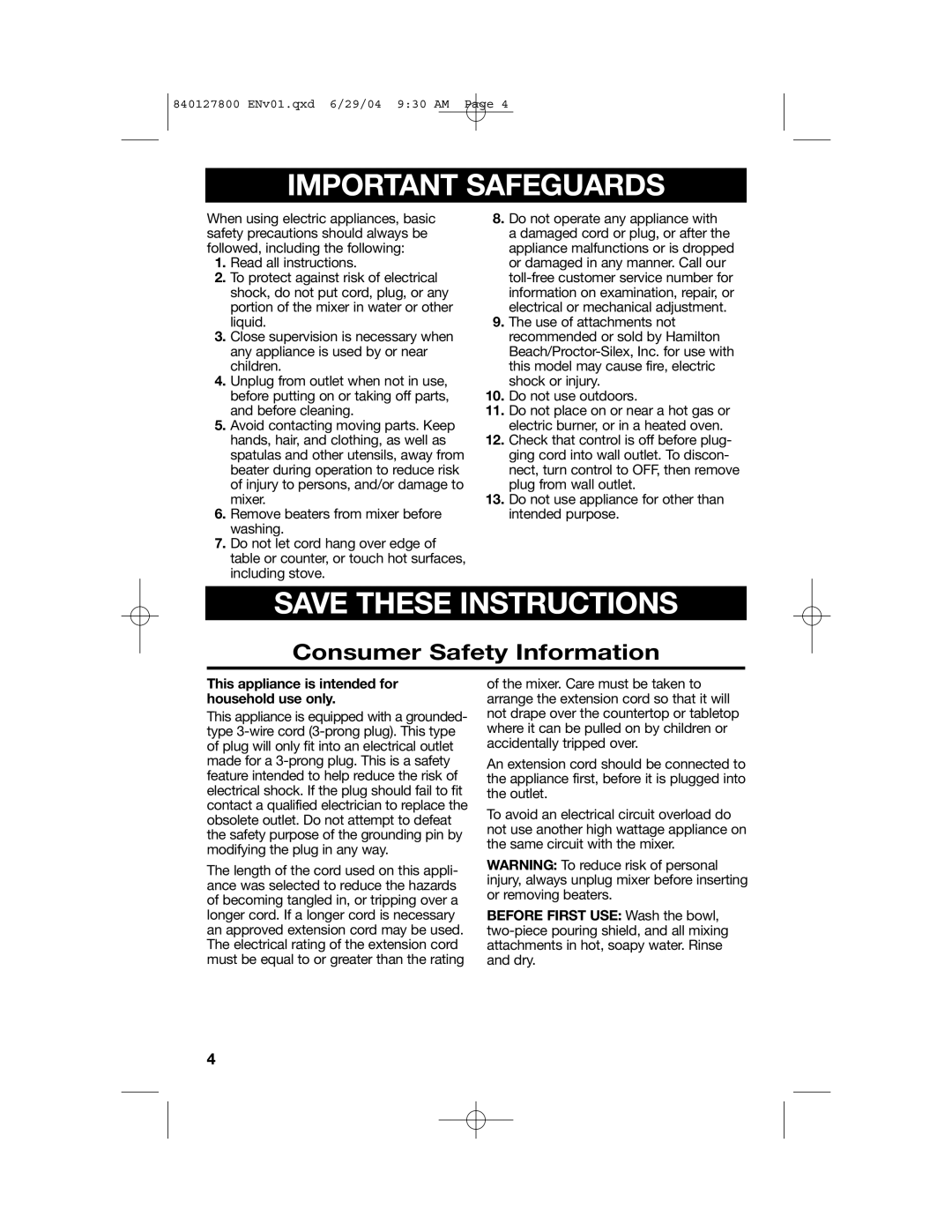 Hamilton Beach 63225 manual Consumer Safety Information, Important Safeguards, Save These Instructions 