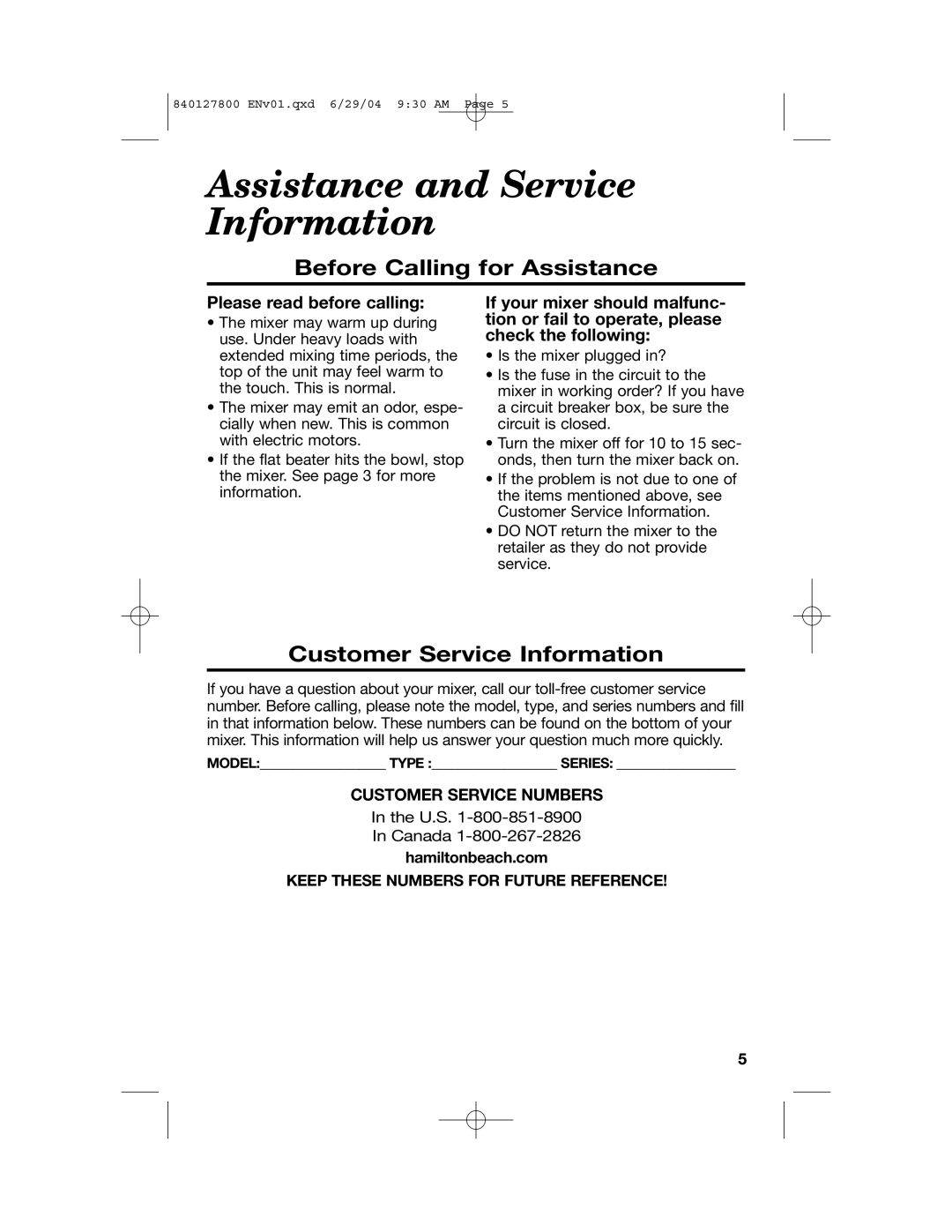 Hamilton Beach 63225 manual Assistance and Service Information, Before Calling for Assistance, Customer Service Information 