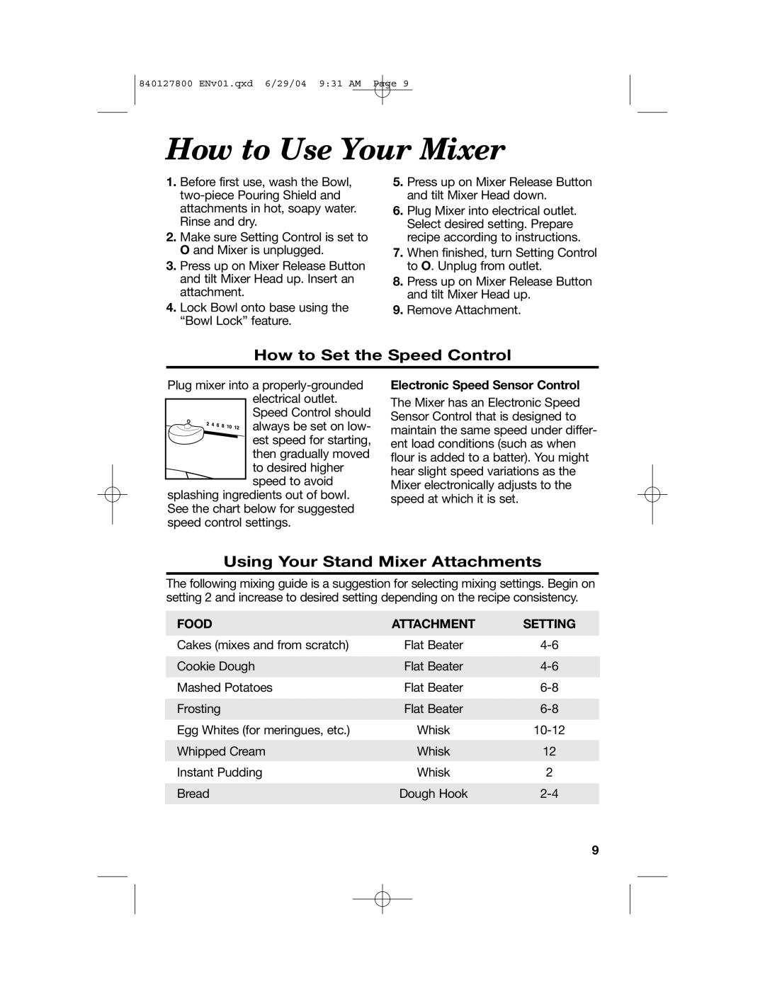 Hamilton Beach 63225 manual How to Use Your Mixer, How to Set the Speed Control, Using Your Stand Mixer Attachments, Food 