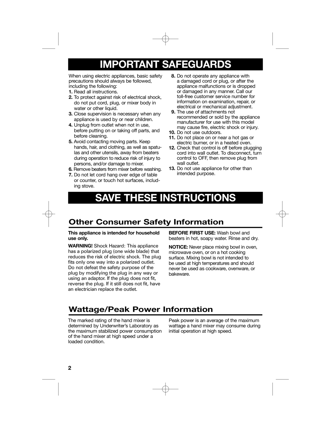 Hamilton Beach 64650 manual Other Consumer Safety Information, Wattage/Peak Power Information 