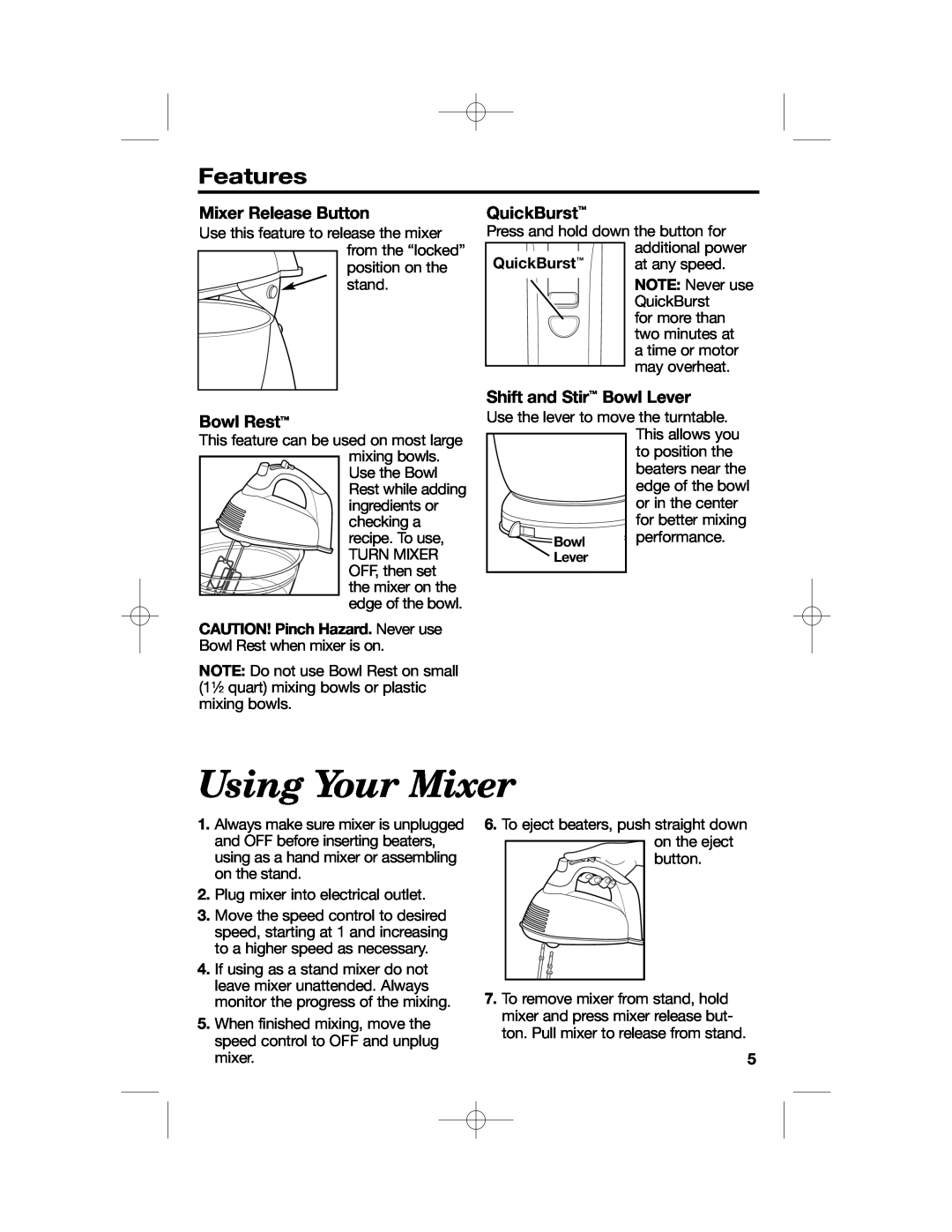 Hamilton Beach 64650 manual Using Your Mixer, Features, Mixer Release Button, Bowl Rest, QuickBurst, Bowl Lever 