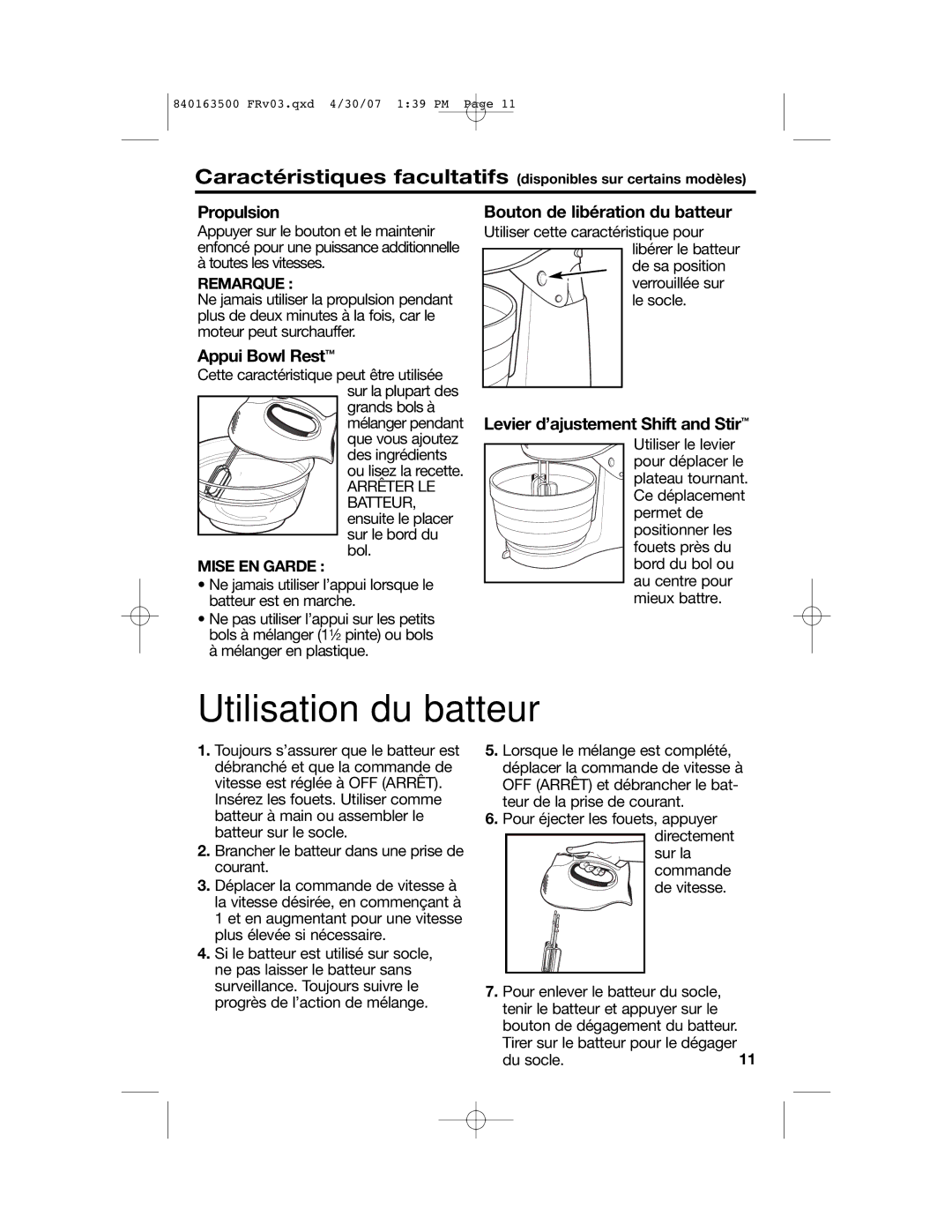 Hamilton Beach 64695N manual Utilisation du batteur, Propulsion, Appui Bowl Rest, Bouton de libération du batteur 