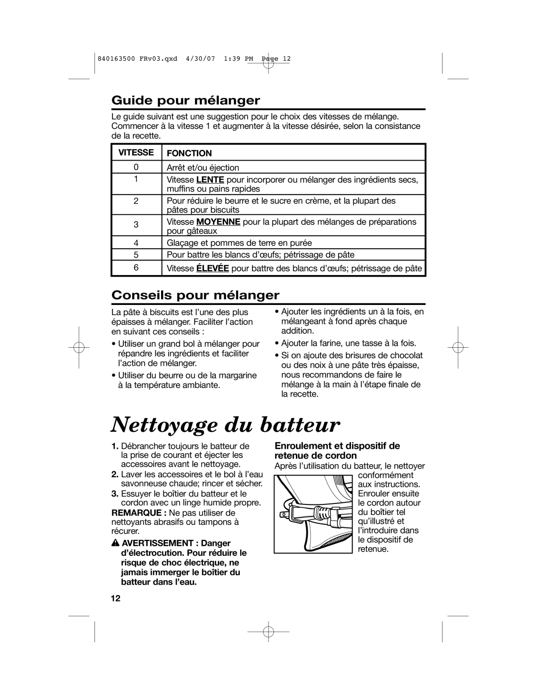 Hamilton Beach 64695N manual Nettoyage du batteur, Guide pour mélanger, Conseils pour mélanger, Vitesse Fonction 