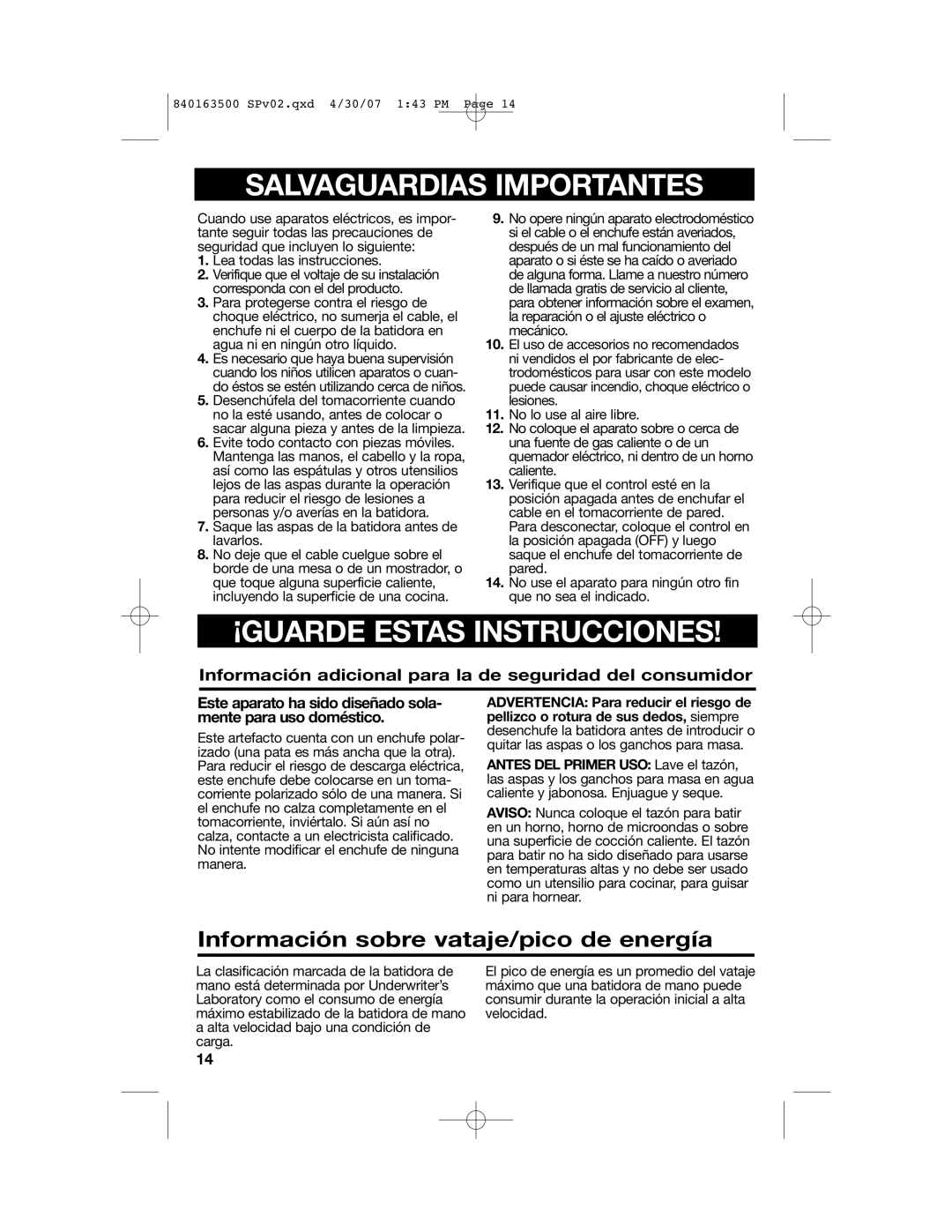 Hamilton Beach 64695N manual Salvaguardias Importantes, Información sobre vataje/pico de energía 