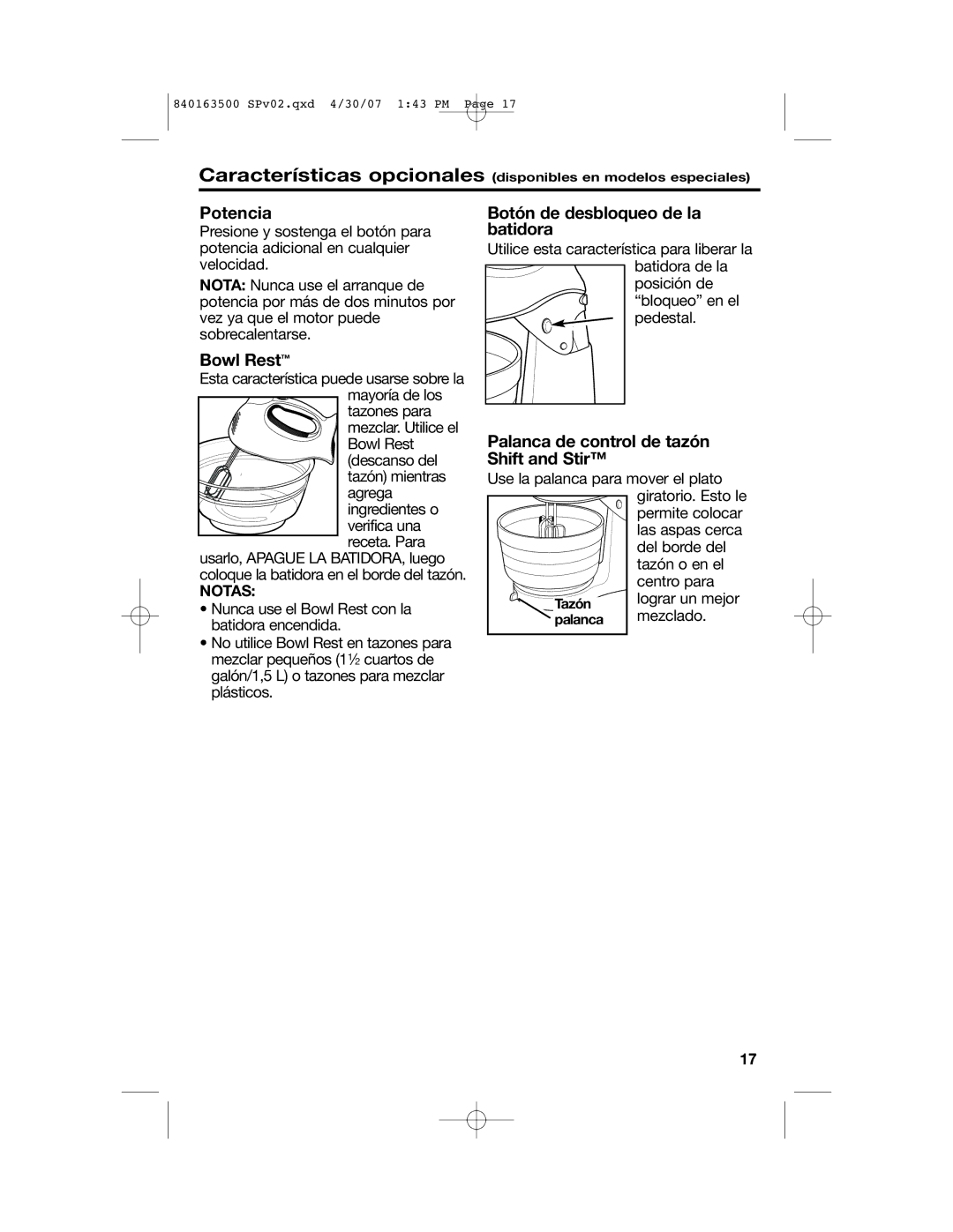 Hamilton Beach 64695N Potencia, Botón de desbloqueo de la batidora, Palanca de control de tazón Shift and Stir, Notas 