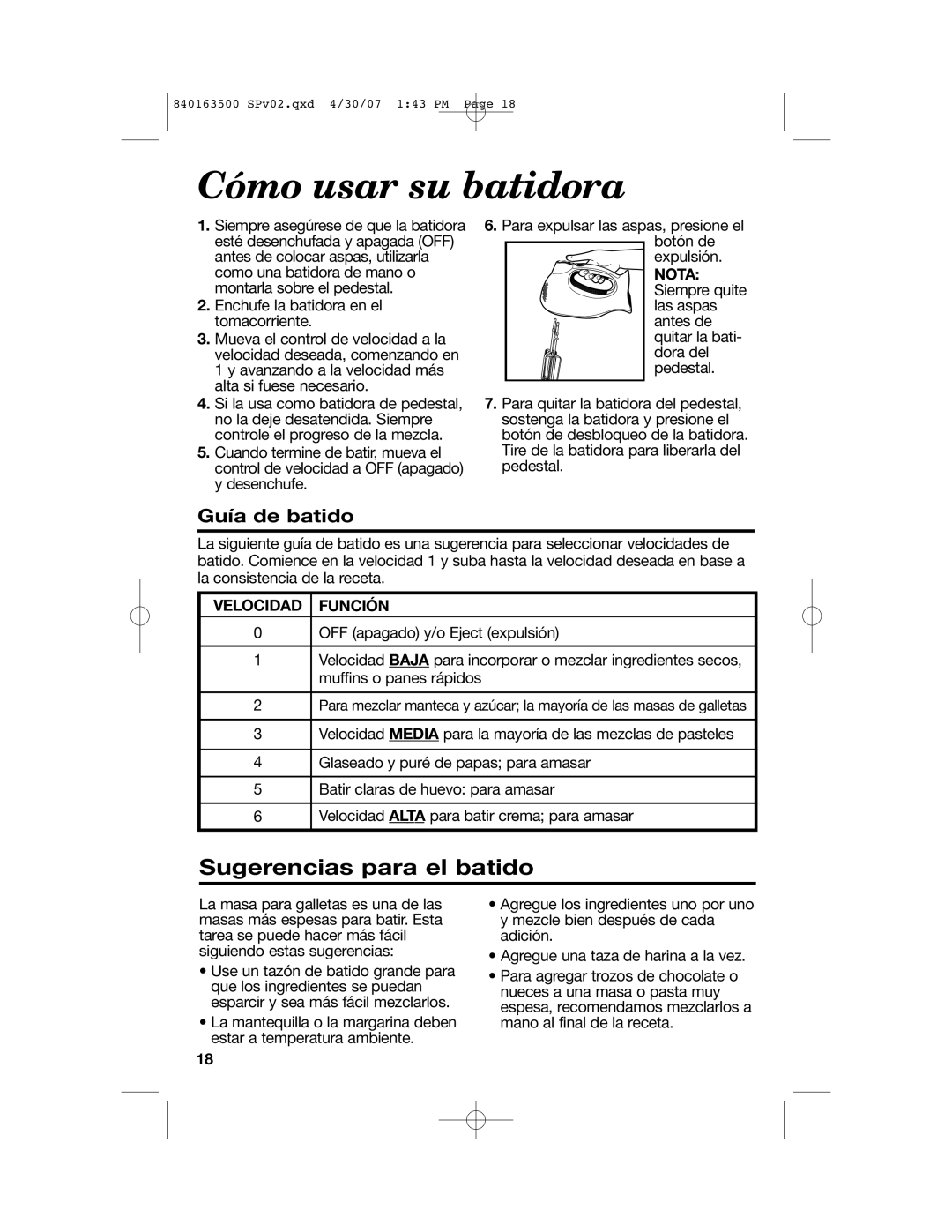 Hamilton Beach 64695N manual Cómo usar su batidora, Sugerencias para el batido, Velocidad Función 