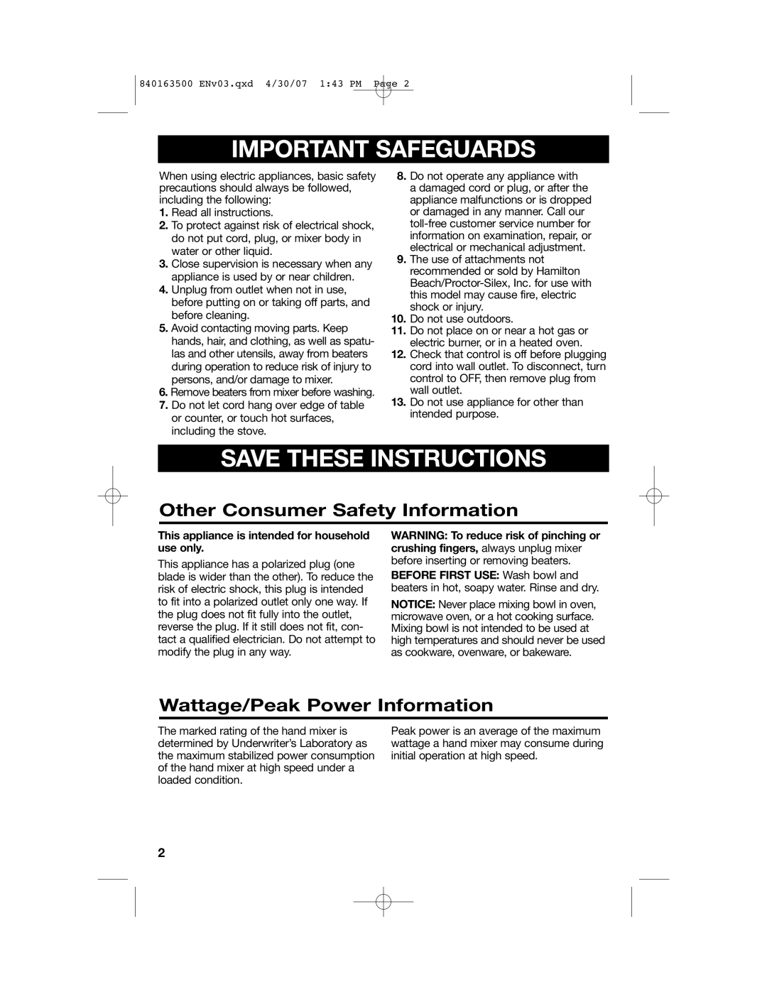 Hamilton Beach 64695N manual Other Consumer Safety Information, Wattage/Peak Power Information 