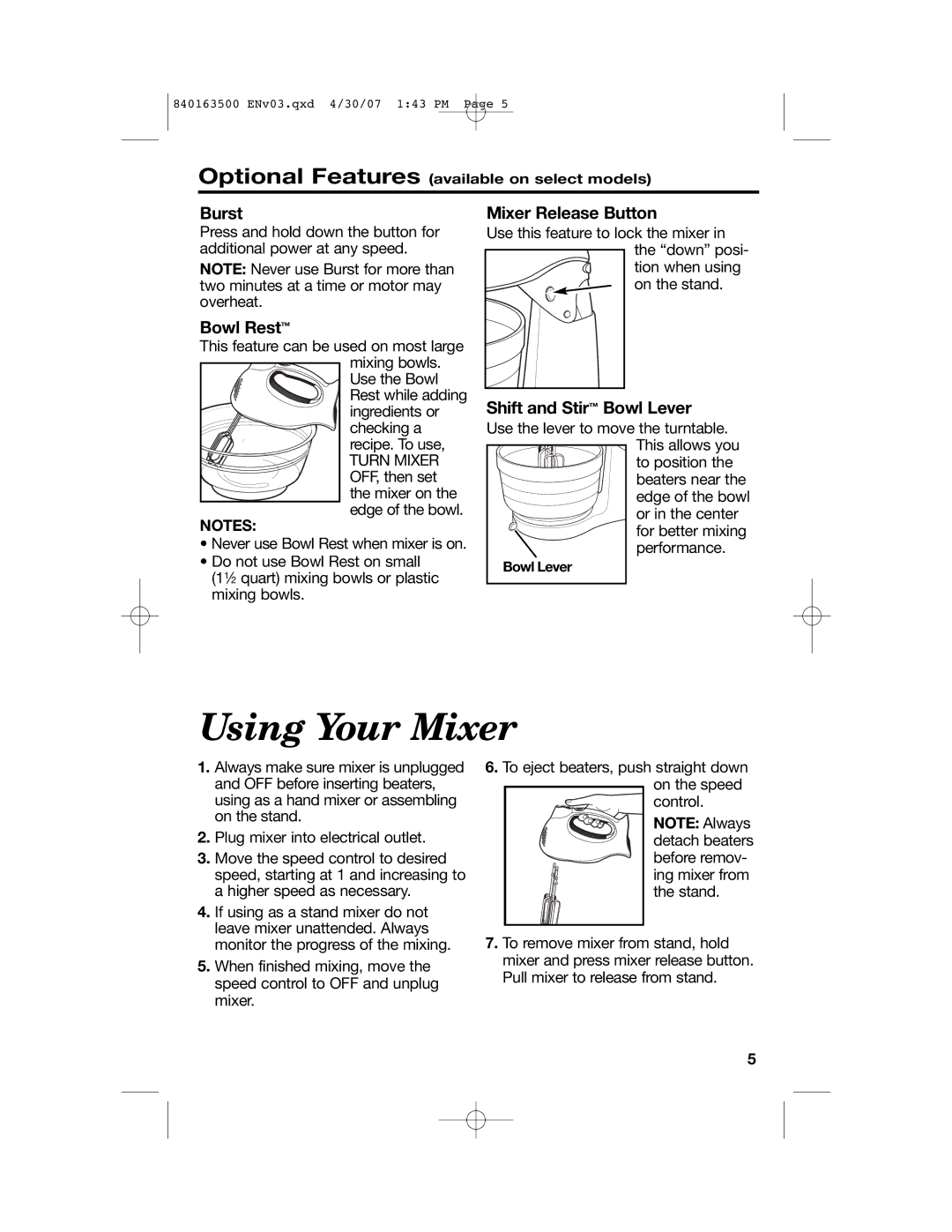 Hamilton Beach 64695N manual Using Your Mixer, Burst, Bowl Rest, Mixer Release Button, Shift and Stir Bowl Lever 