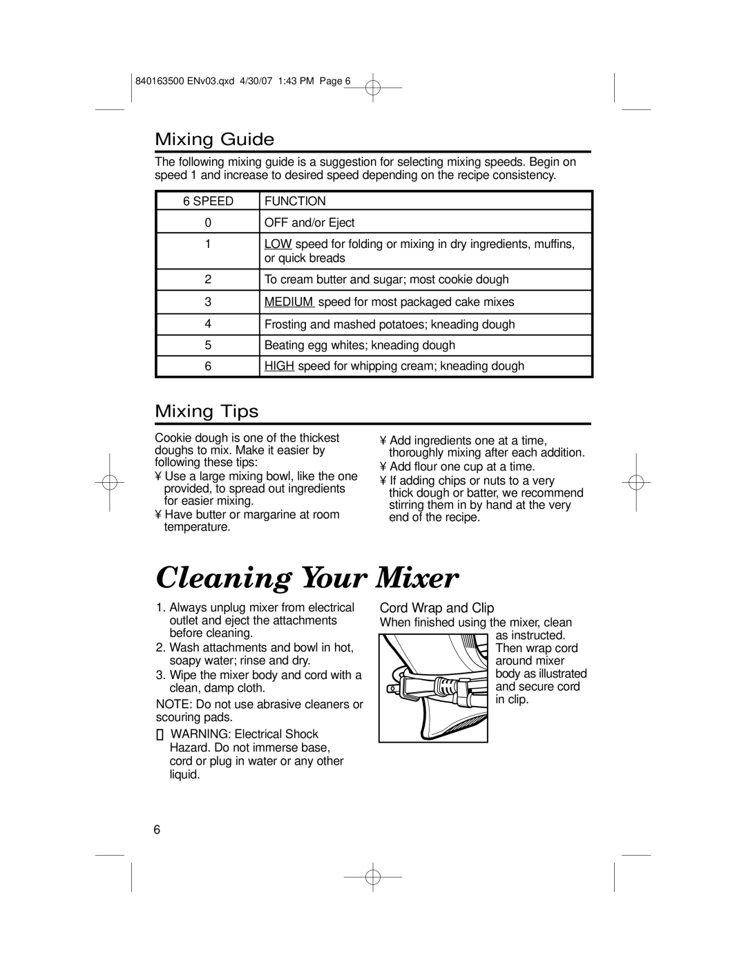 Hamilton Beach 64695N manual Cleaning Your Mixer, Mixing Guide, Mixing Tips, Cord Wrap and Clip, Speed Function 