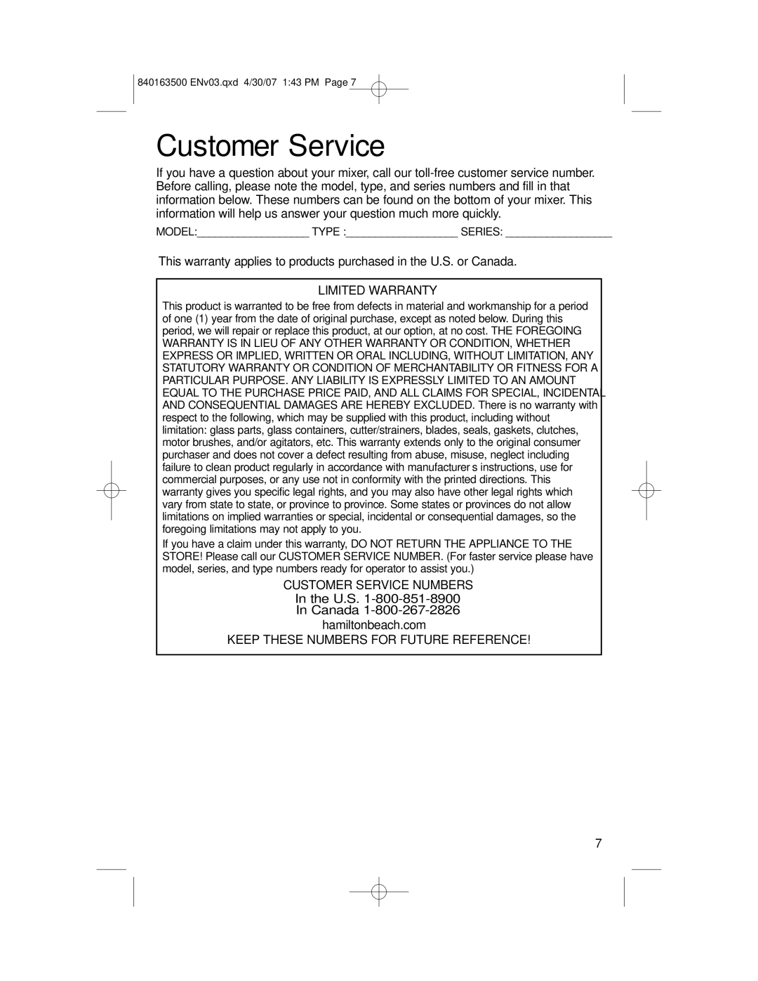 Hamilton Beach 64695N manual Limited Warranty, Customer Service Numbers, Keep These Numbers for Future Reference 