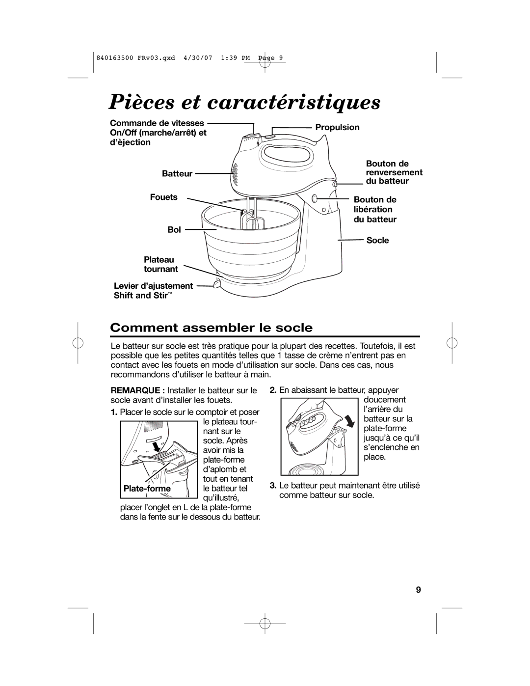 Hamilton Beach 64695N manual Pièces et caractéristiques, Comment assembler le socle 