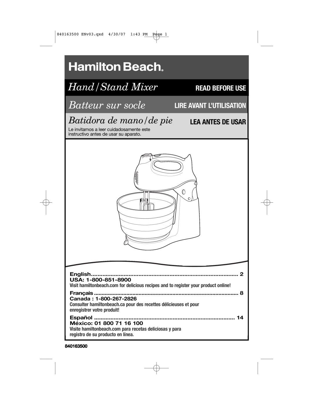 Hamilton Beach 64695N manual Lea Antes De Usar, English, Français, Canada, Español, México 01 800 71, 840163500 