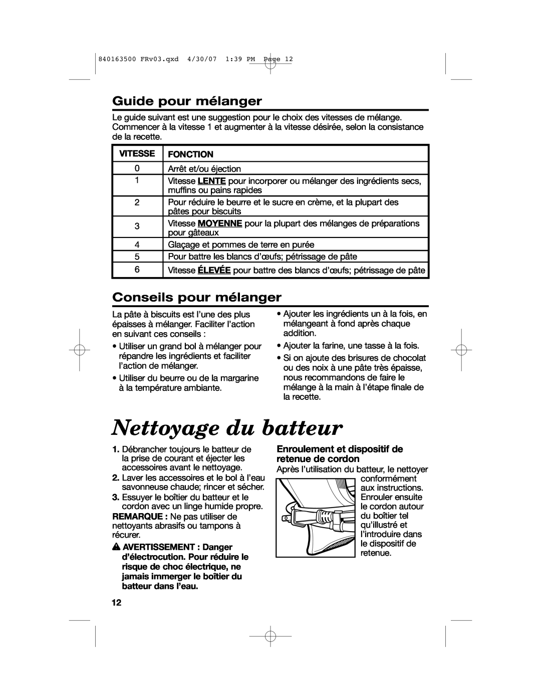 Hamilton Beach 64695N manual Nettoyage du batteur, Guide pour mélanger, Conseils pour mélanger, Vitesse Fonction 