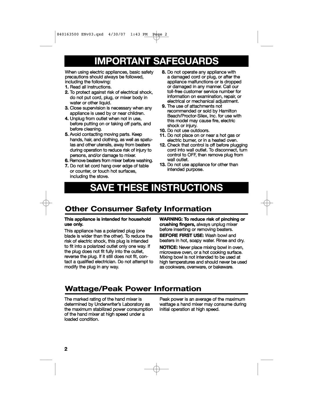 Hamilton Beach 64695N manual Important Safeguards, Save These Instructions, Other Consumer Safety Information 