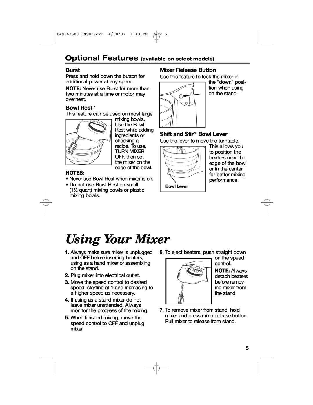 Hamilton Beach 64695N manual Using Your Mixer, Burst, Bowl Rest, Mixer Release Button, Shift and Stir Bowl Lever 