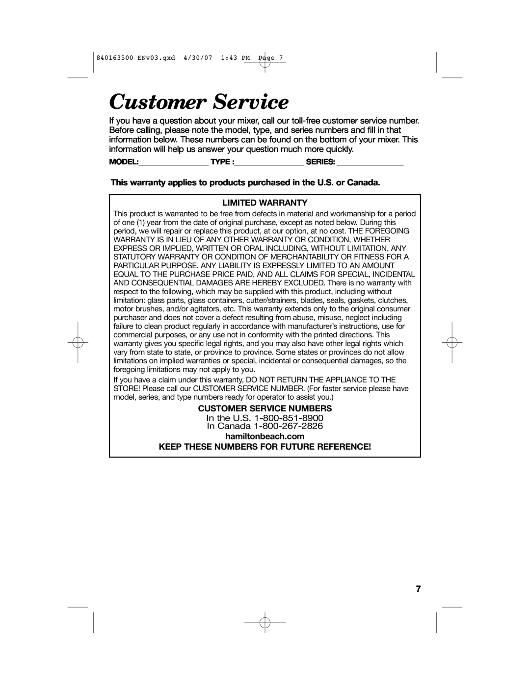Hamilton Beach 64695N manual Limited Warranty, Customer Service Numbers, hamiltonbeach.com 