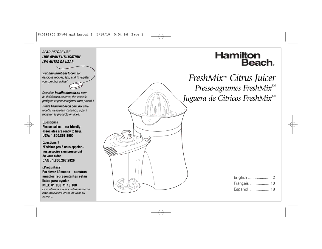 Hamilton Beach 66333 manual FreshMix Citrus Juicer 