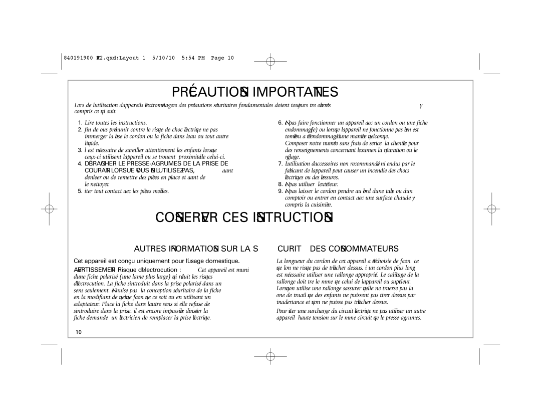 Hamilton Beach 66333 manual Précautions Importantes 