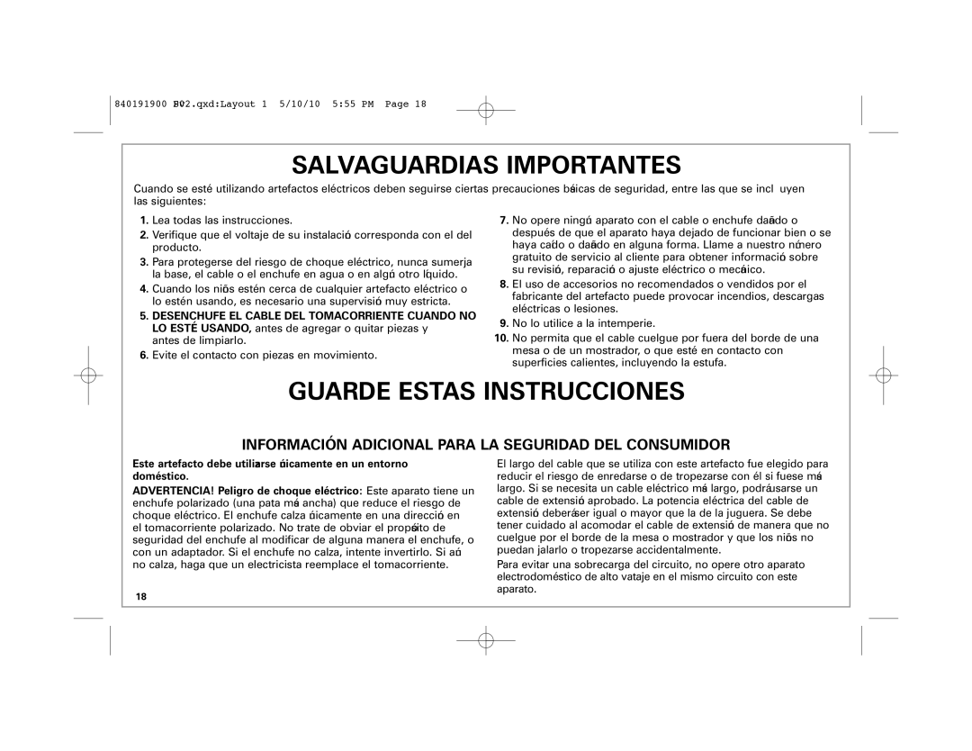 Hamilton Beach 66333 manual Salvaguardias Importantes 