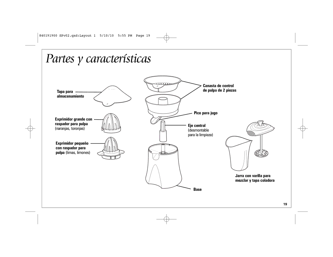 Hamilton Beach 66333 manual Partes y características, Pico para jugo 