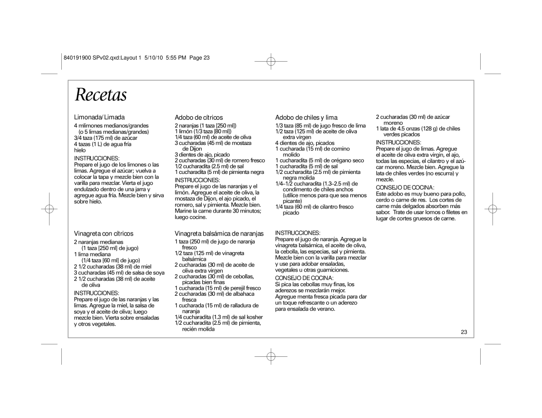 Hamilton Beach 66333 manual Limonada/Limada, Adobo de cítricos, Adobo de chiles y lima, Vinagreta con cítricos 