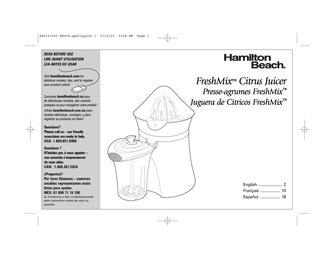 Hamilton Beach 66333 manual FreshMix Citrus Juicer, Presse-agrumes FreshMix Juguera de Citricos FreshMix, English, Español 