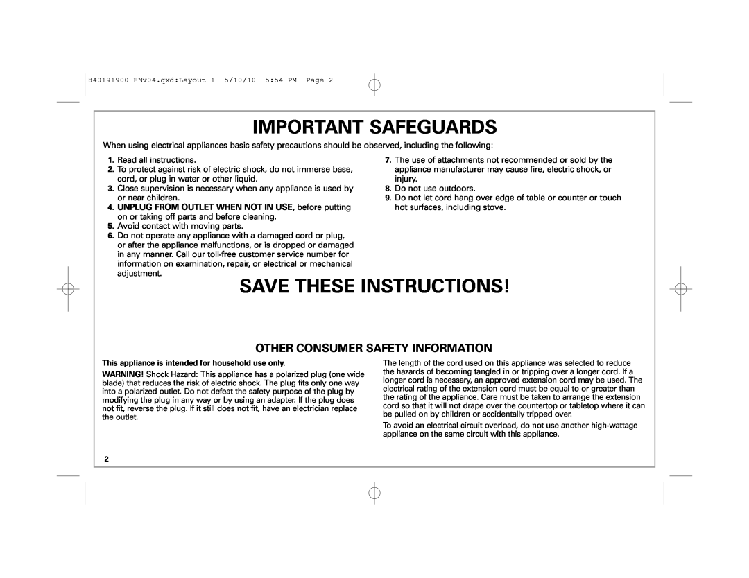 Hamilton Beach 66333 manual Important Safeguards, Save These Instructions, Other Consumer Safety Information 