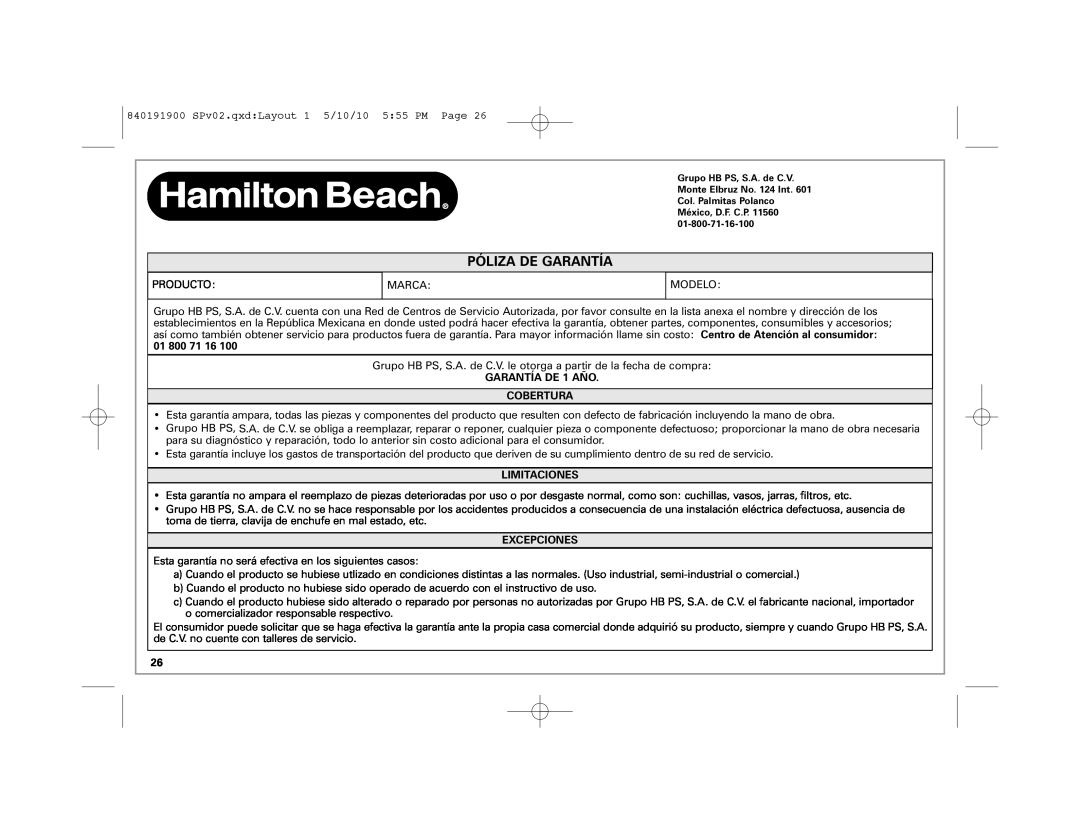 Hamilton Beach 66333 manual Póliza De Garantía, 01 800 71, GARANTÍA DE 1 AÑO COBERTURA, Limitaciones, Excepciones 