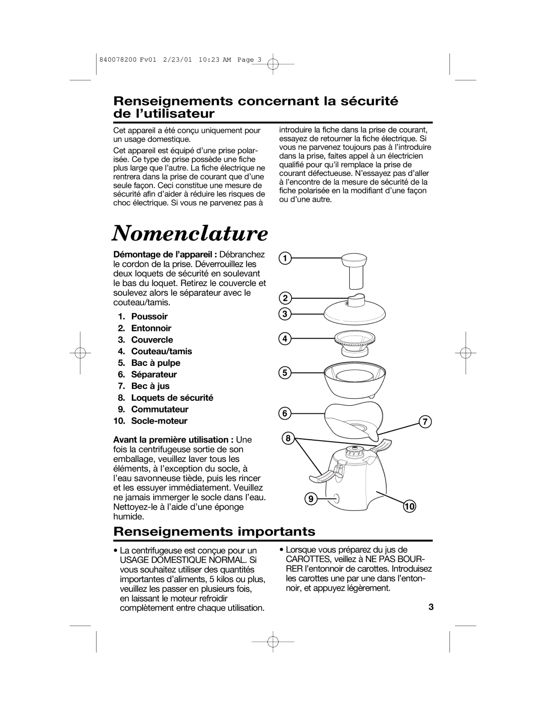 Hamilton Beach 67333 manual Nomenclature, Renseignements concernant la sécurité de l’utilisateur 