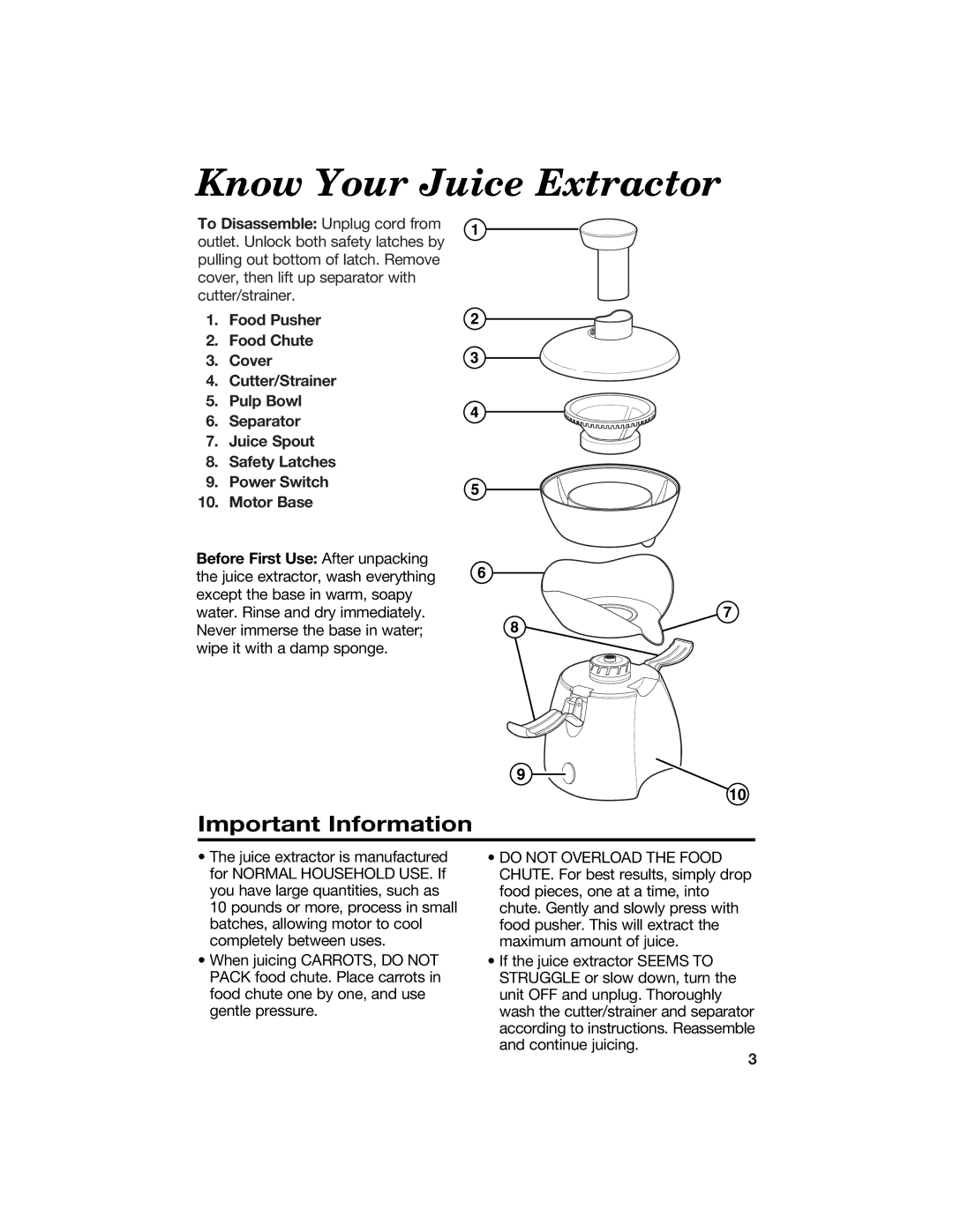 Hamilton Beach 67333 manual Know Your Juice Extractor, Important Information 