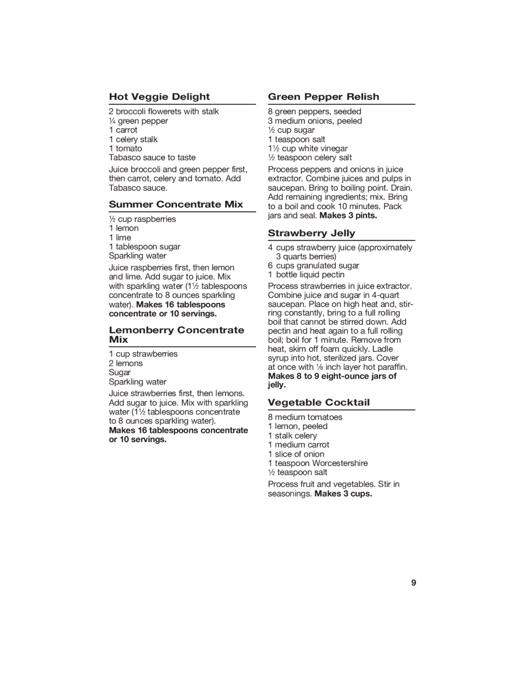 Hamilton Beach 67333 manual Hot Veggie Delight, Summer Concentrate Mix, Lemonberry Concentrate Mix, Green Pepper Relish 