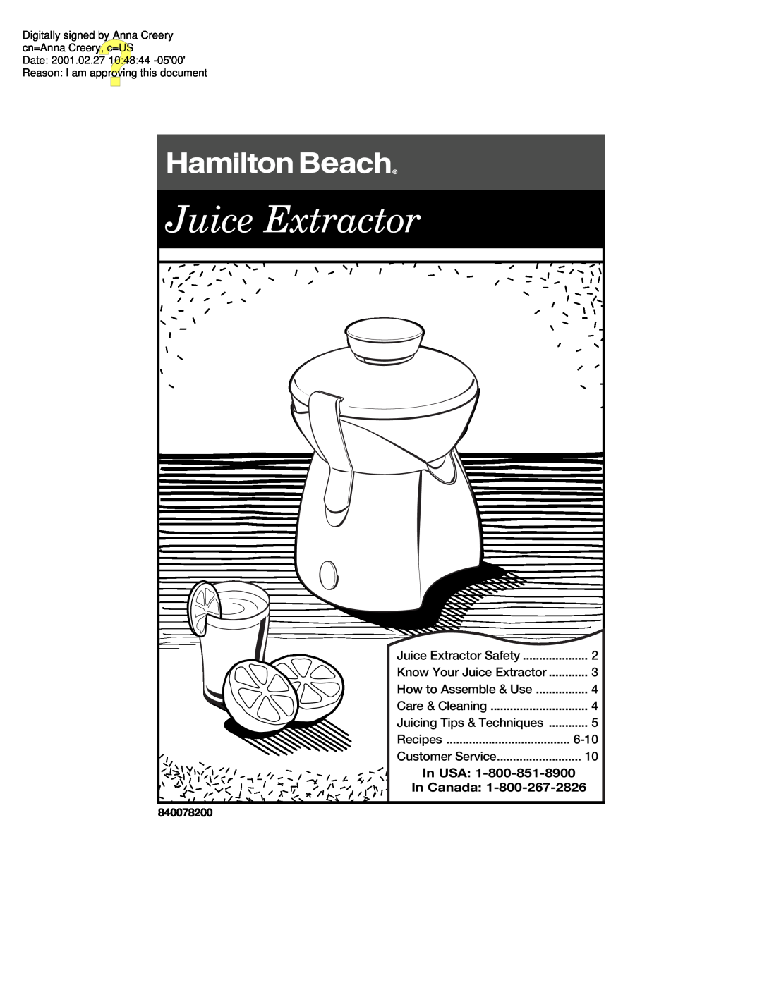 Hamilton Beach 67333 manual Juice Extractor, In USA In Canada 