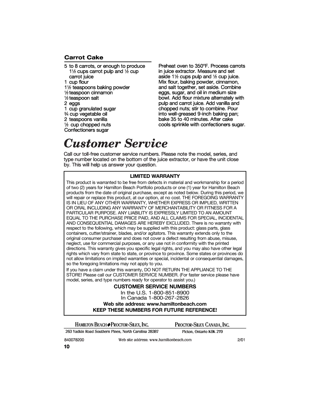 Hamilton Beach 67333 manual Carrot Cake, Customer Service Numbers 