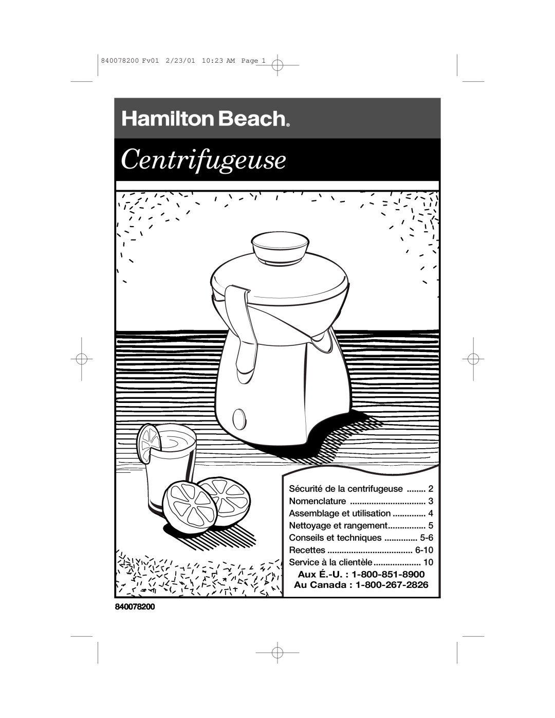 Hamilton Beach 67333 manual Centrifugeuse, 10 23 AM, Page, 840078200 Fv01, 2/23/01 