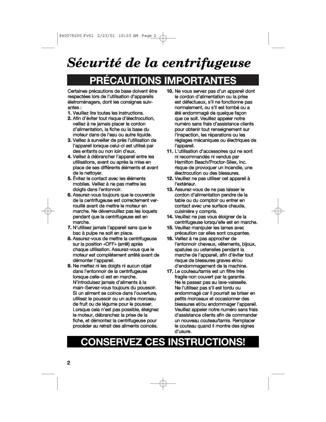 Hamilton Beach 67333 manual Sécurité de la centrifugeuse, Précautions Importantes, Conservez Ces Instructions 