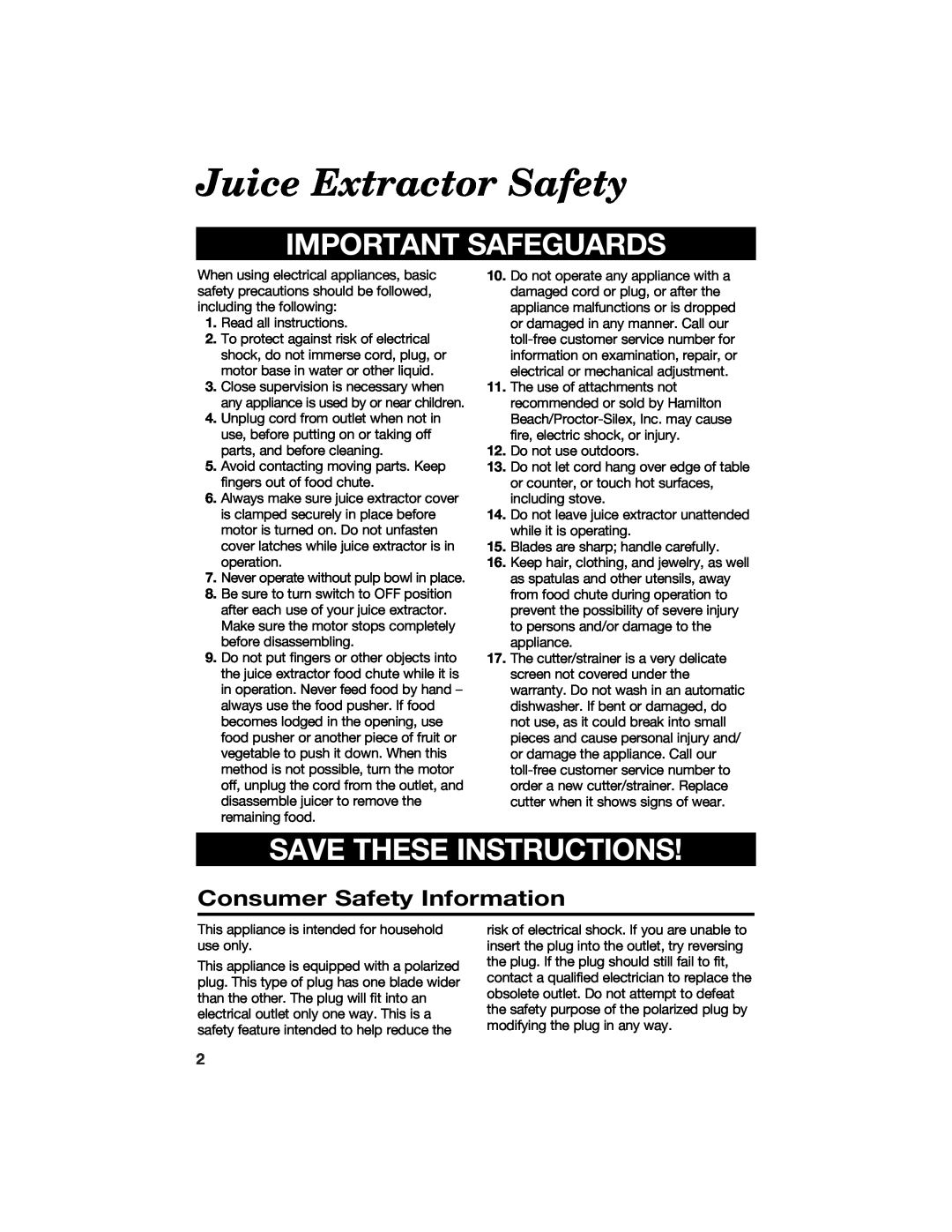 Hamilton Beach 67333 Juice Extractor Safety, Important Safeguards, Save These Instructions, Consumer Safety Information 