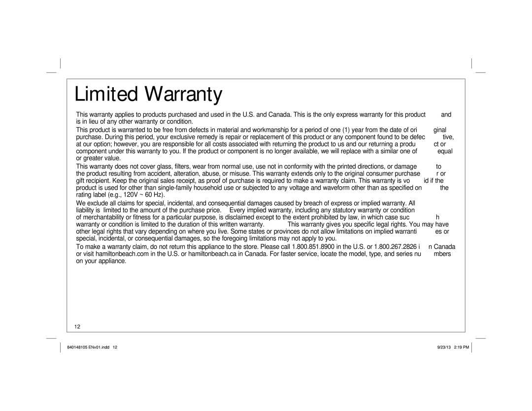 Hamilton Beach 67608 manual Limited Warranty 