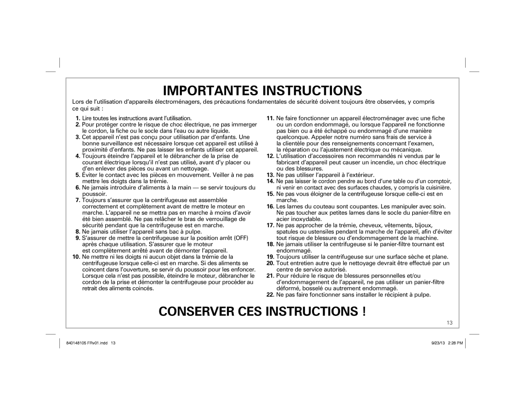 Hamilton Beach 67608 manual Importantes Instructions 