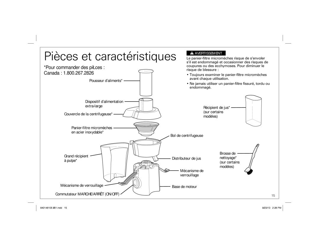 Hamilton Beach 67608 manual Pièces et caractéristiques, Canada 