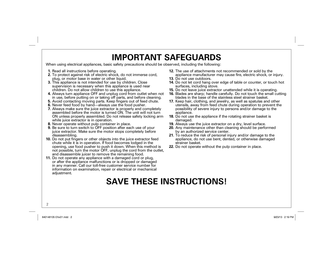 Hamilton Beach 67608 manual Important Safeguards 