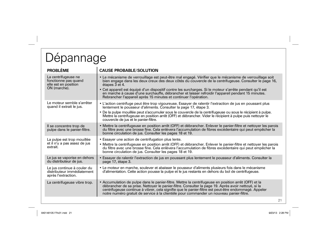 Hamilton Beach 67608 manual Dépannage, Problème 