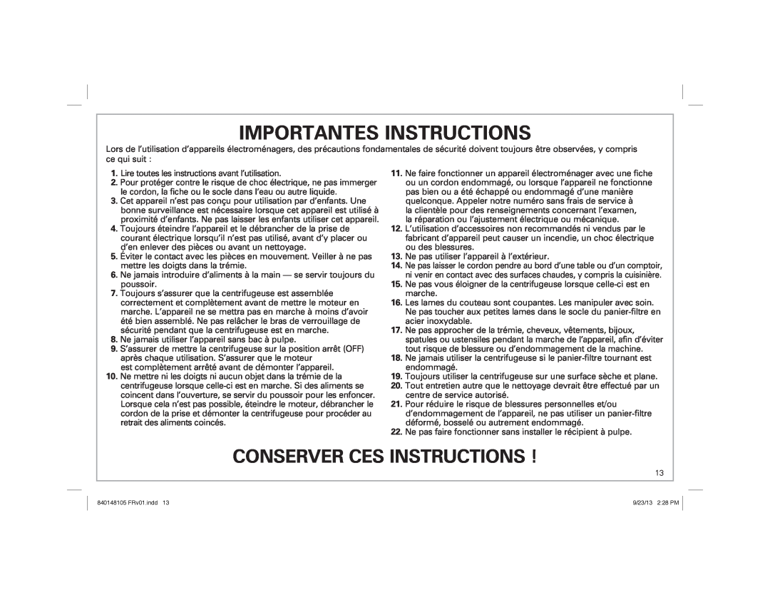 Hamilton Beach 67608 manual Importantes Instructions, Conserver Ces Instructions 