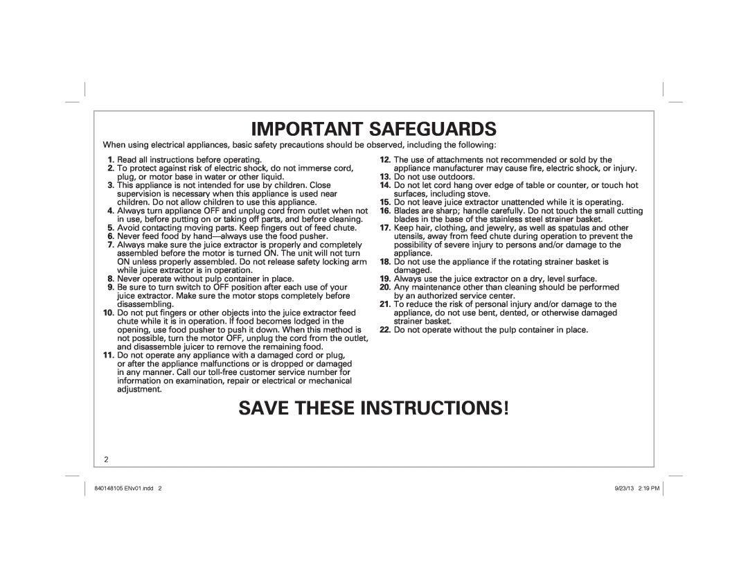 Hamilton Beach 67608 manual Important Safeguards, Save These Instructions 