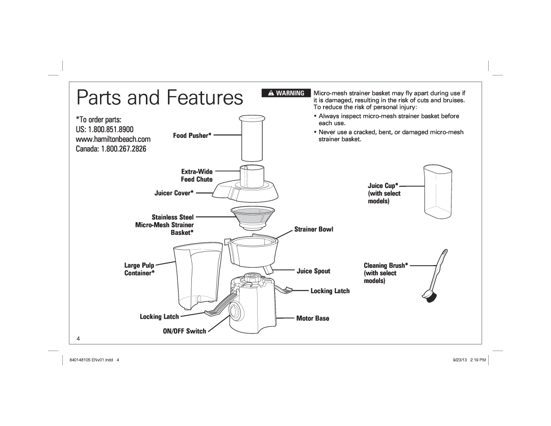 Hamilton Beach 67608 manual Parts and Features, To order parts US, Juice Cup* with select models 